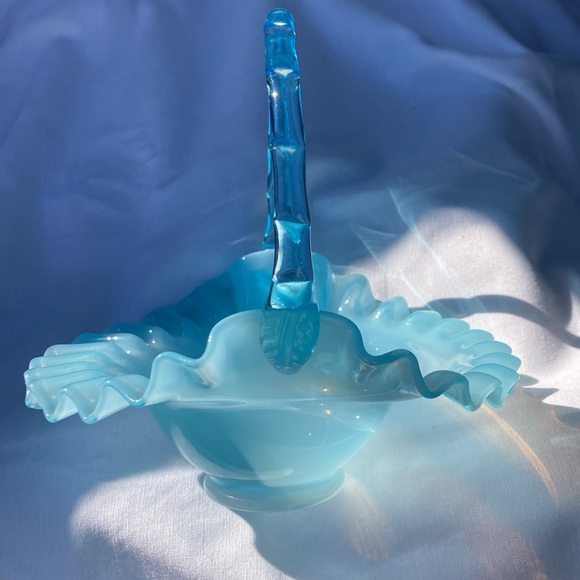 Fenton Aqua Blue Opalescent Basket - Picture 2 of 5